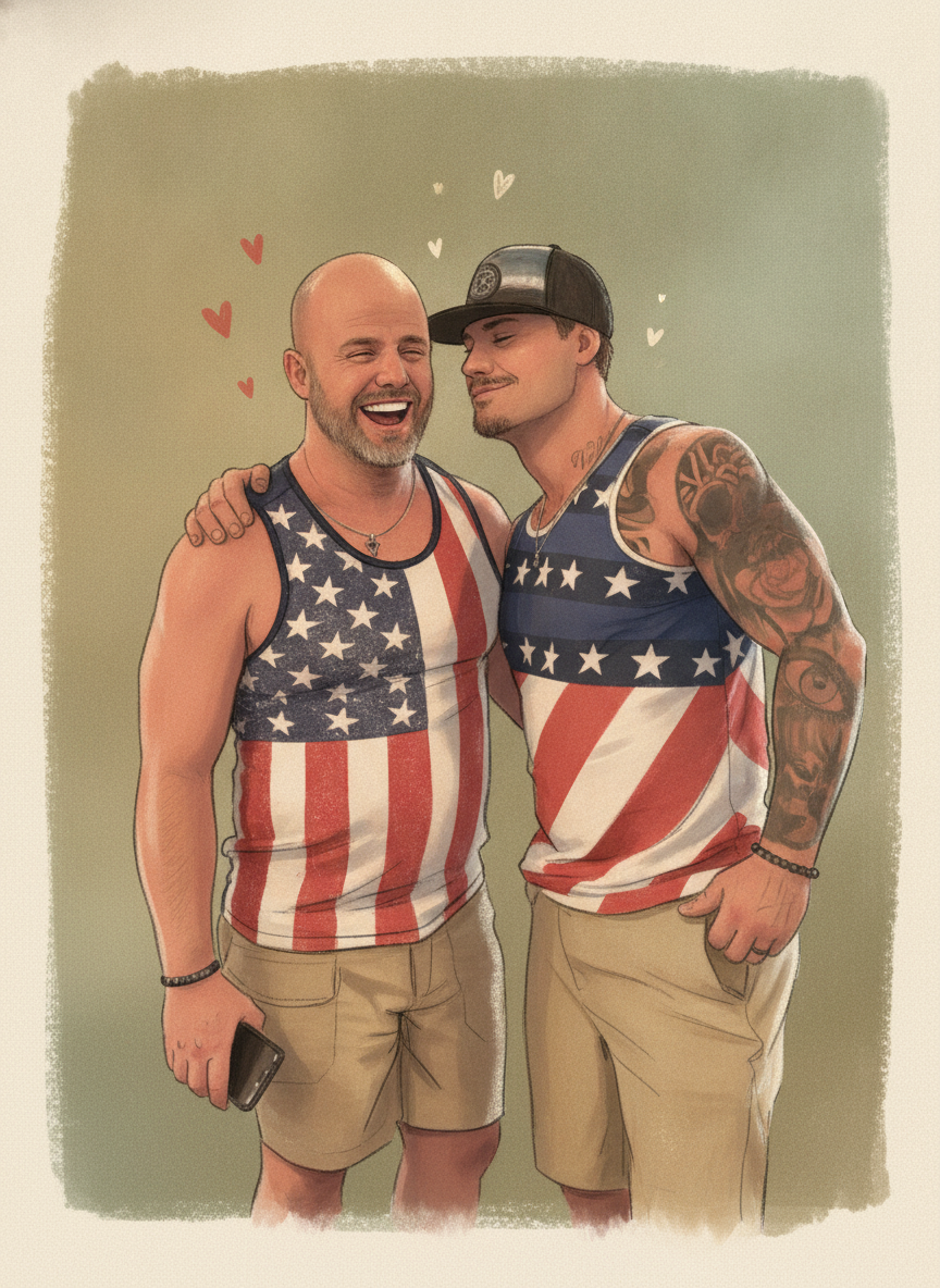Clint and Destry standing close, arms around each other