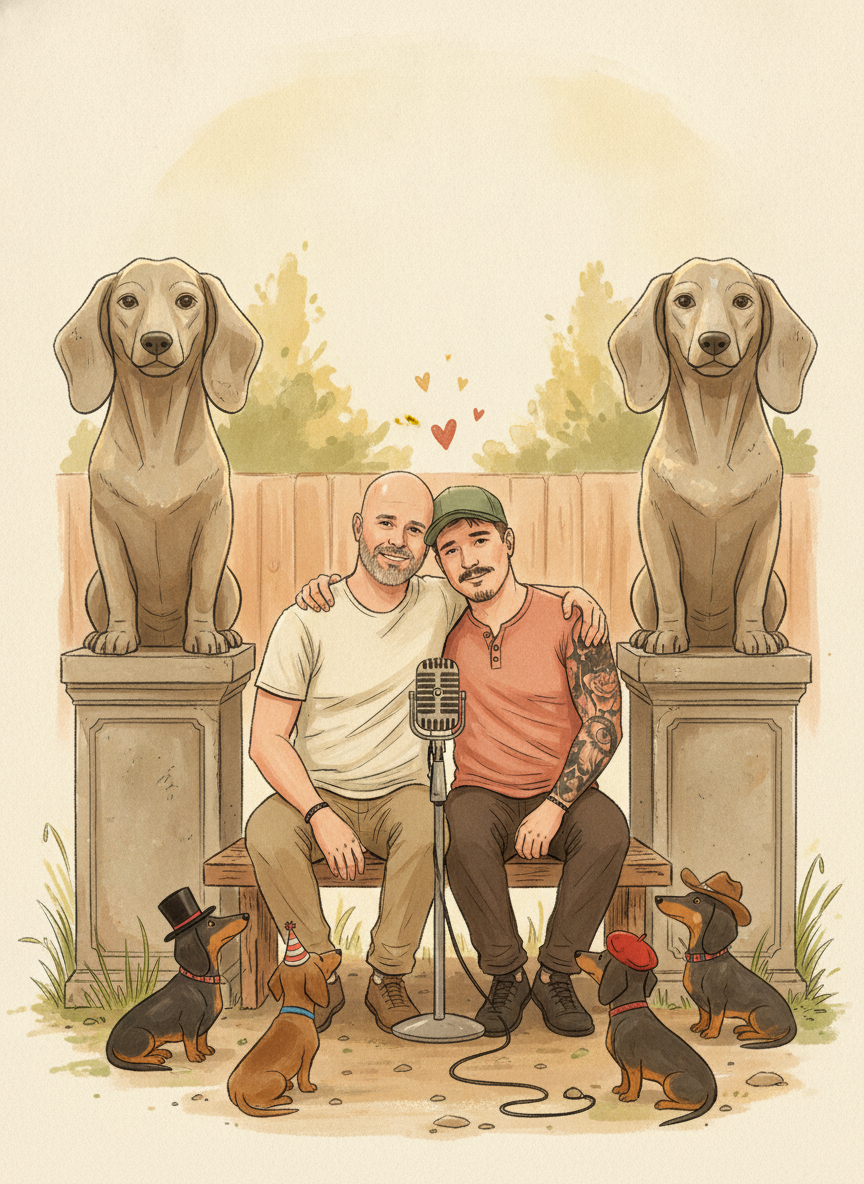 Clint and Destry seated close together on a bench between two giant concrete dachshund statues, surrounded by hat-wearing dachshunds