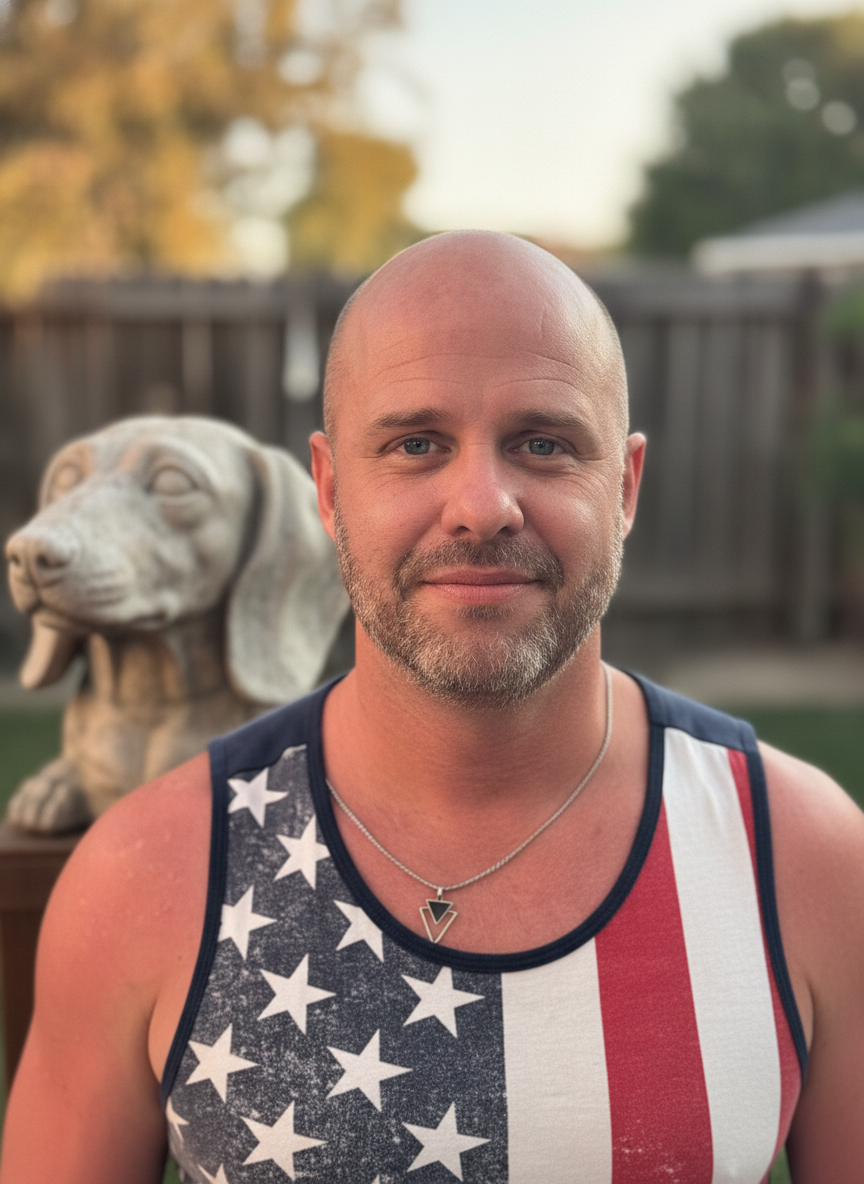 Clint, in front of a giant concrete dachshund statue