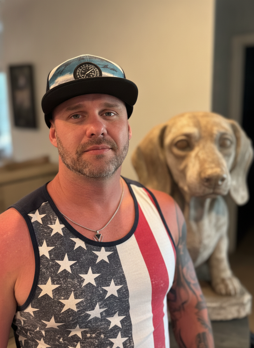 Destry, in front of a giant concrete dachshund statue