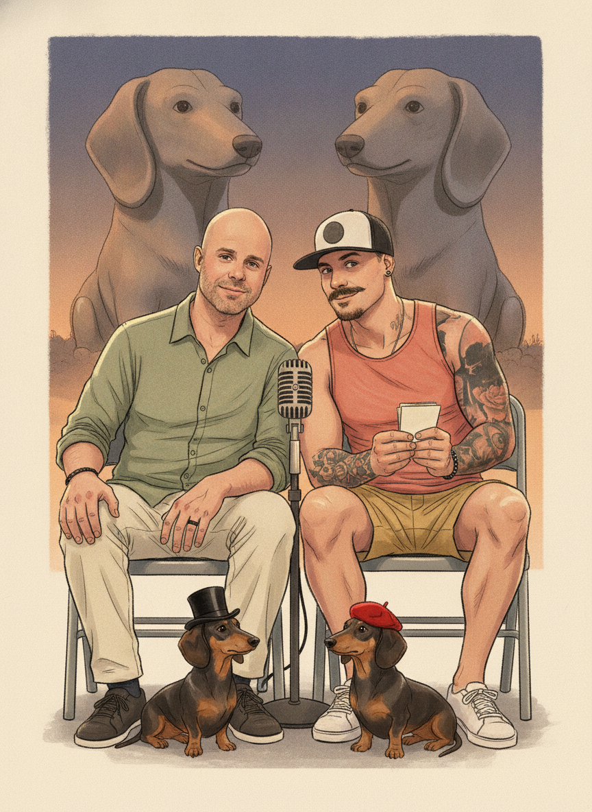 Clint and Destry mid-recording between the two giant dachshund statues, two dogs listening at their feet